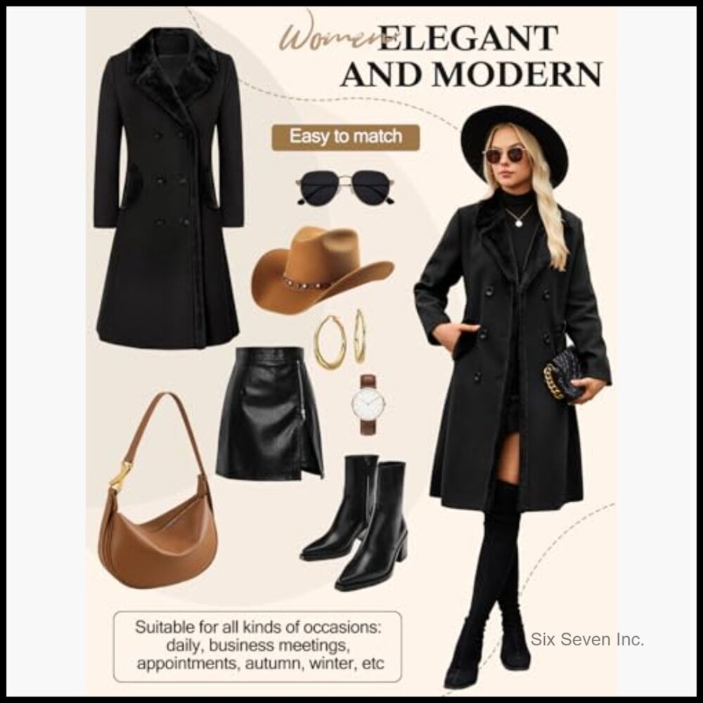 Double Breasted Pea Coat with Faux Fur Collar, Mid-Calf Length, Polyester - Picture 4 of 7